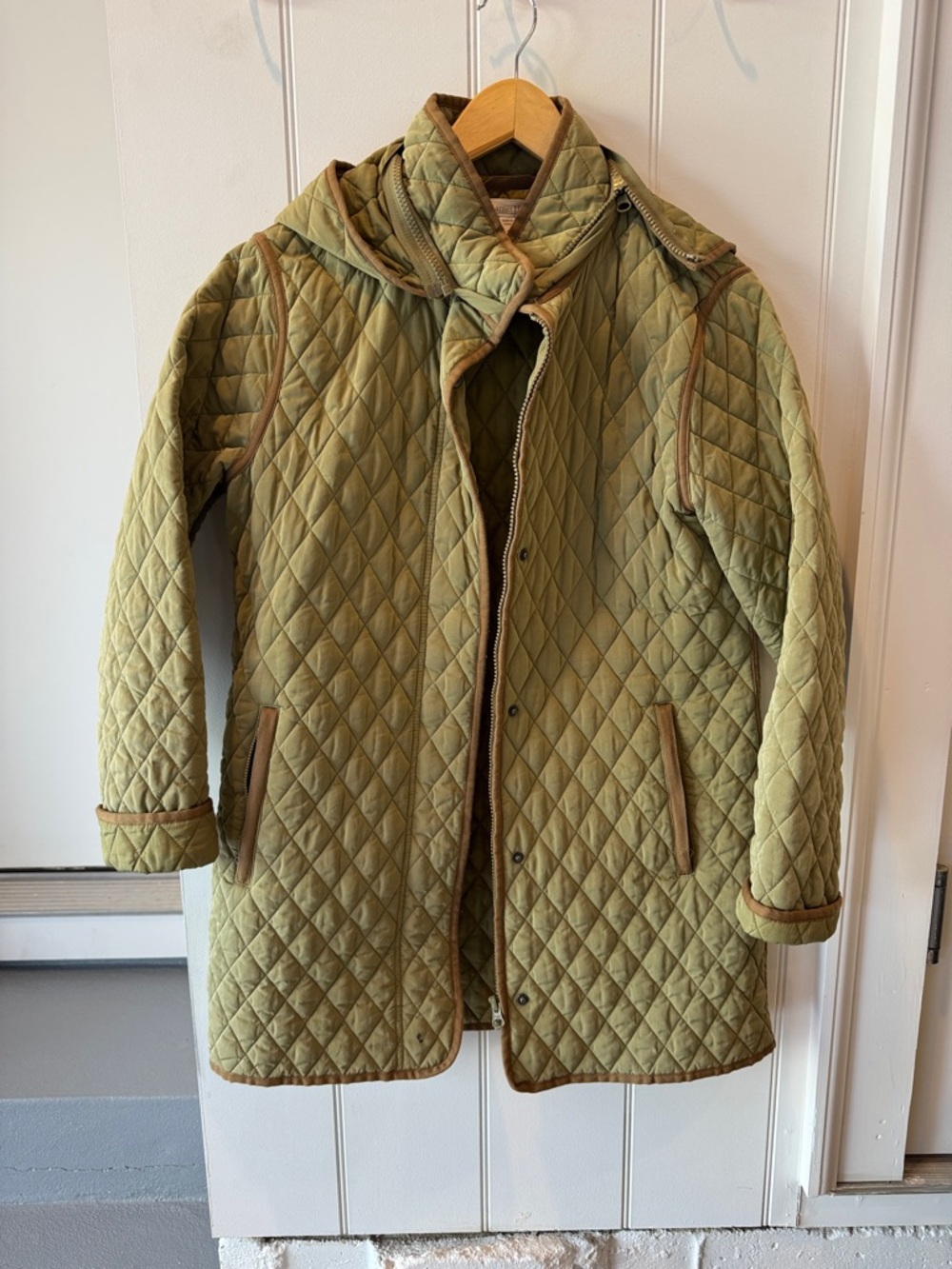 Garnet Hill Quilted Utility Jacket in Olive Green with Brown Trim